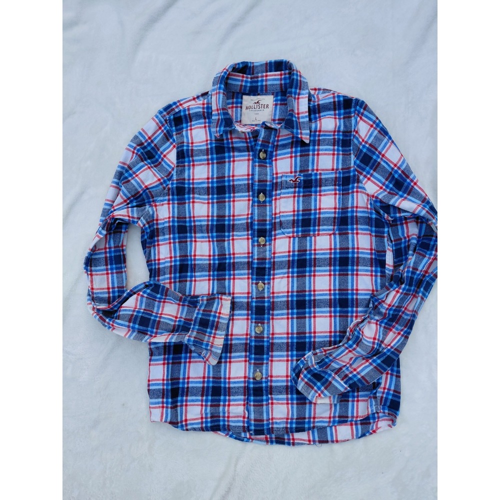 Hollister Mens Flannel Shirt Large Blue Red White Plaid Long Sleeve Button Down